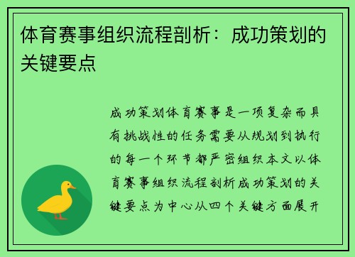 体育赛事组织流程剖析：成功策划的关键要点